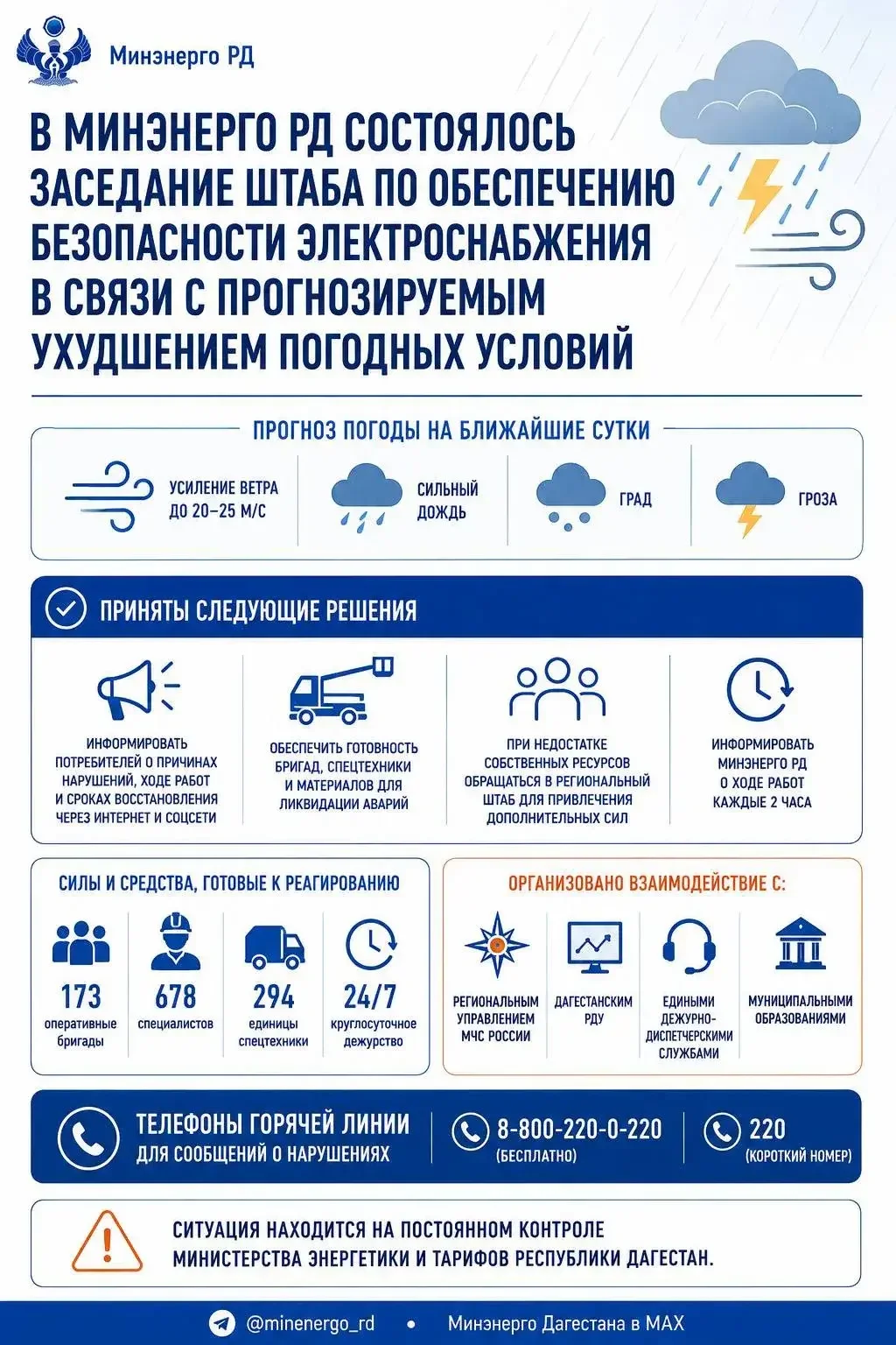 В Дагестане 173 бригады подготовили к возможным авариям в электросетях из-за непогоды