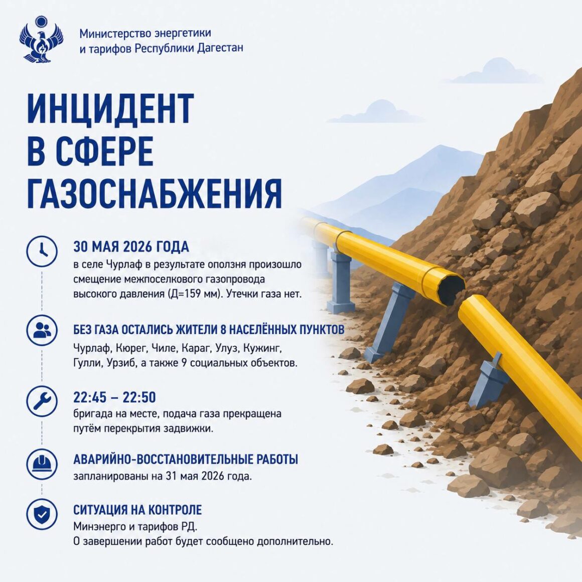 Оползень повредил газопровод в Табасаранском районе